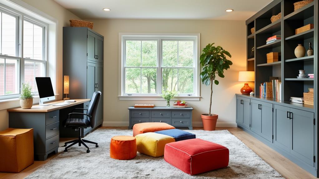 A functional home office with built-in bookshelves and storage.