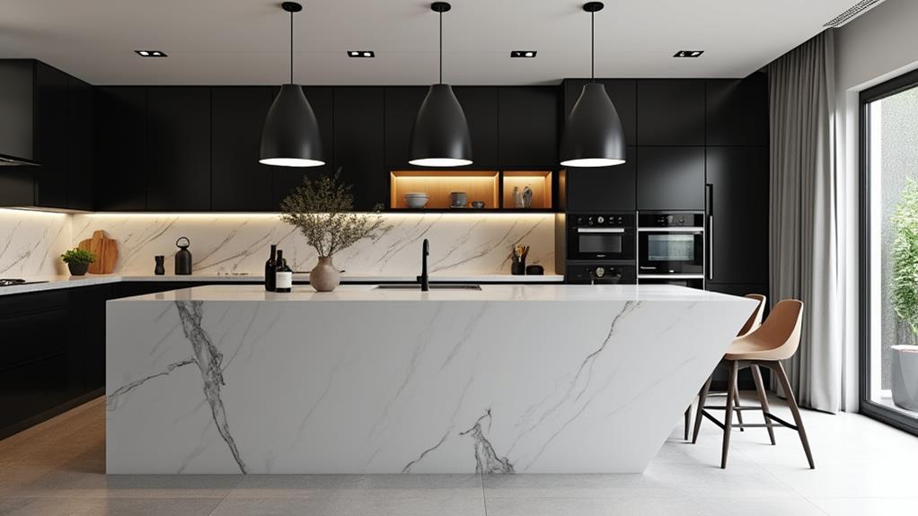 A modern kitchen with a large marble island and black cabinetry.