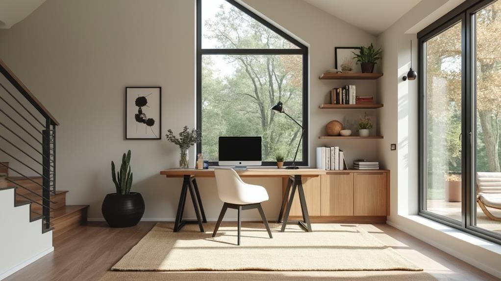 A modern home office with a large window and built-in shelves.