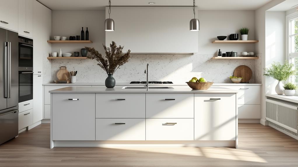 A modern kitchen with a large island and white cabinetry.